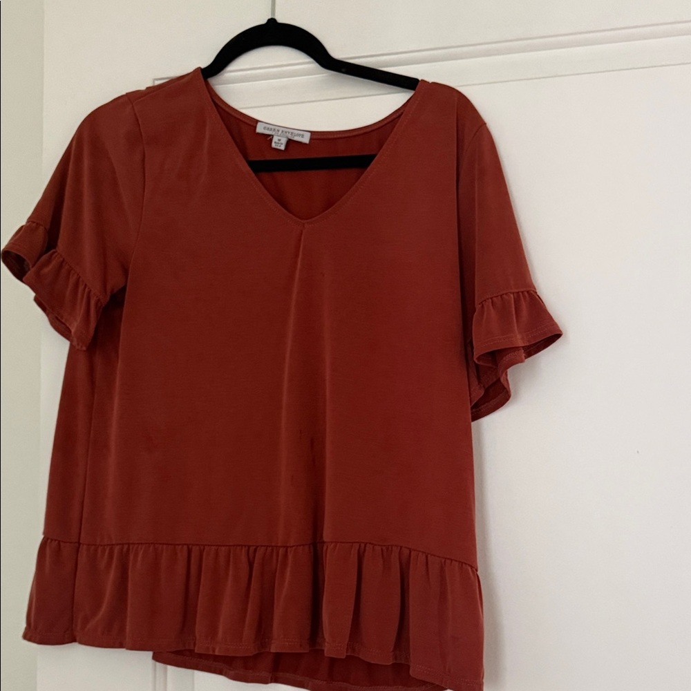 Green Envelope Terracotta Ruffle Blouse